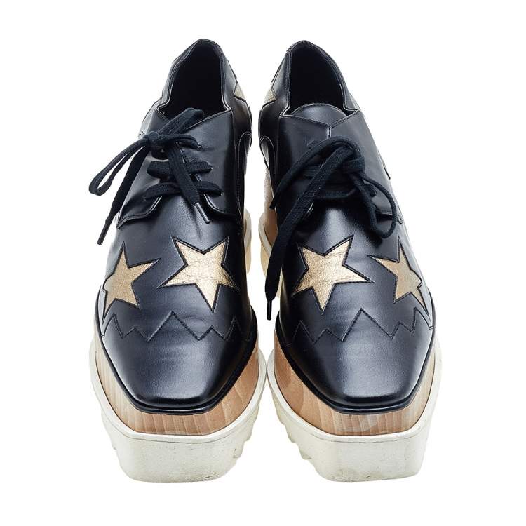 Pre Owned Stella McCartney Black/Gold Faux Leather Elyse Star Platform Derby Size 39