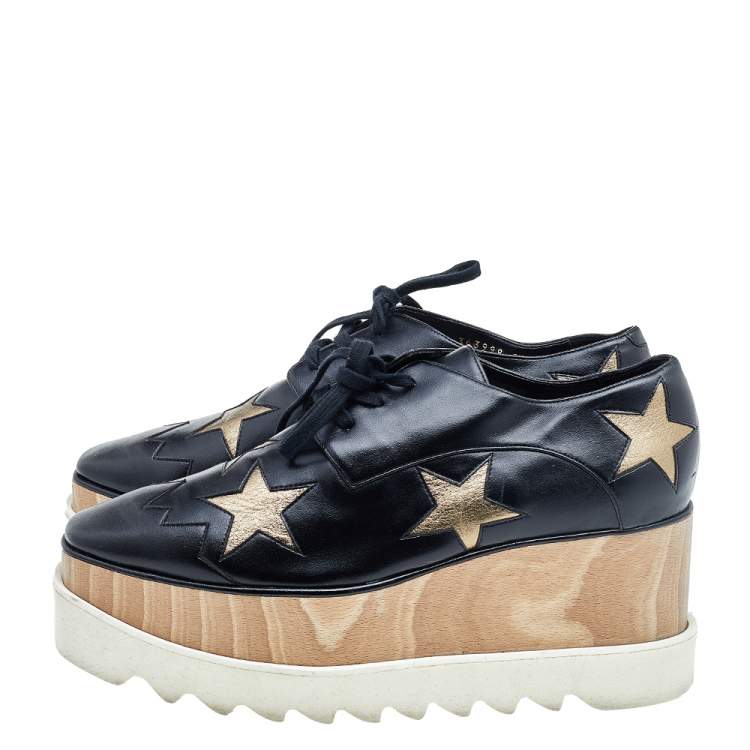 Pre Owned Stella McCartney Black/Gold Faux Leather Elyse Star Platform Derby Size 39