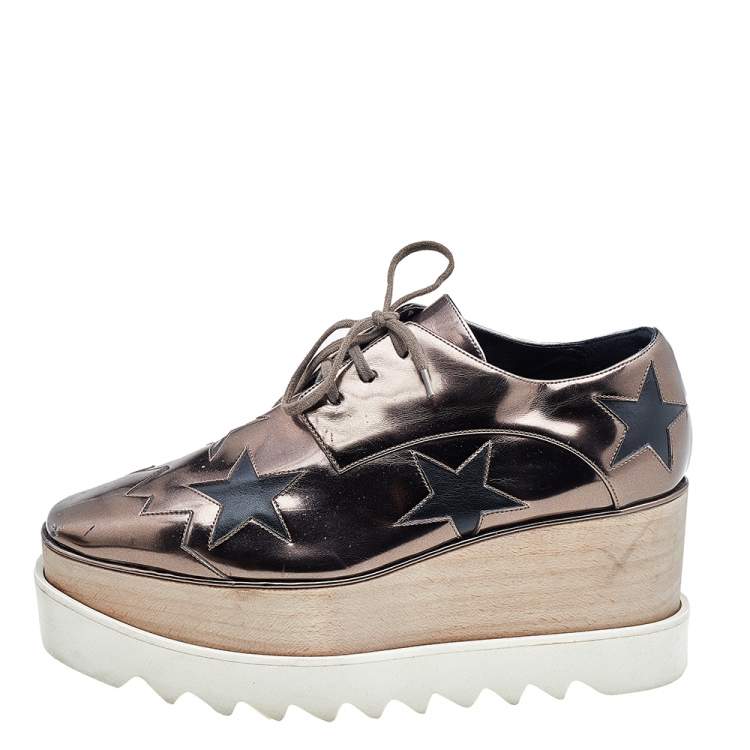 Pre Owned Stella McCartney Metallic Brown/Black Faux Leather Elyse Star Platform Derby Size 38