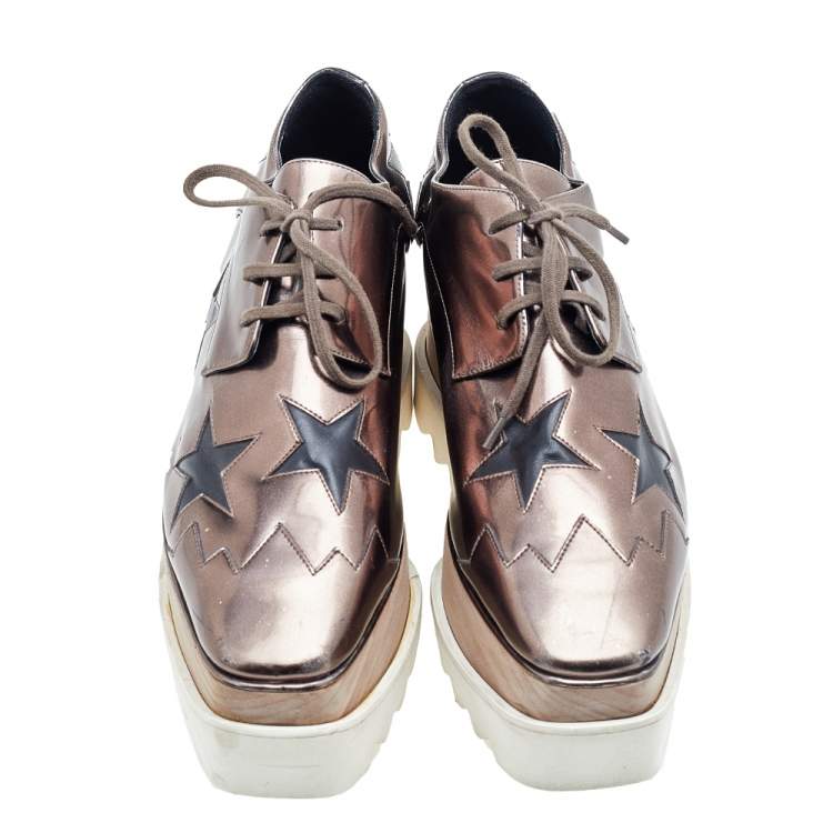 Pre Owned Stella McCartney Metallic Brown/Black Faux Leather Elyse Star Platform Derby Size 38
