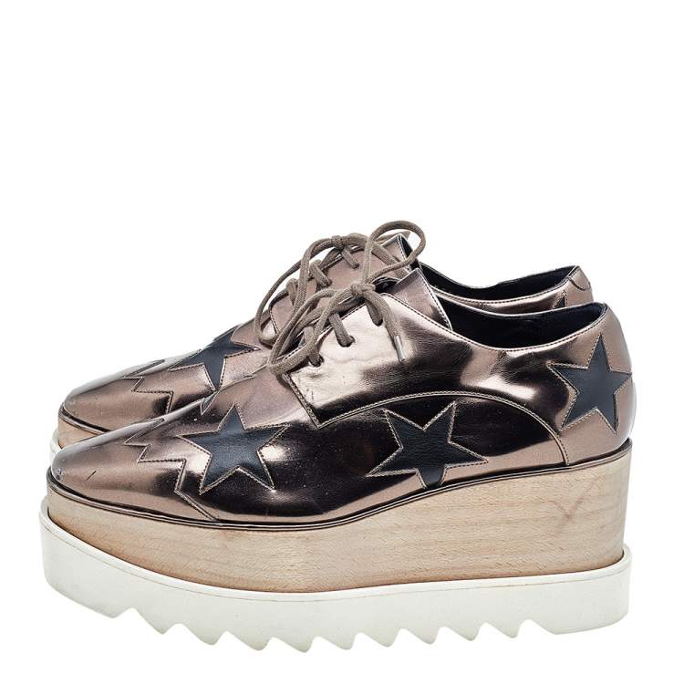 Pre Owned Stella McCartney Metallic Brown/Black Faux Leather Elyse Star Platform Derby Size 38
