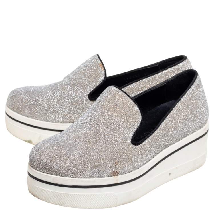 Pre Owned Stella McCartney Grey Glitter Platform Sneakers Size 35