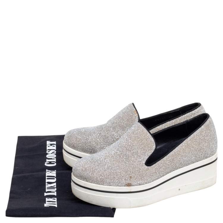 Pre Owned Stella McCartney Grey Glitter Platform Sneakers Size 35