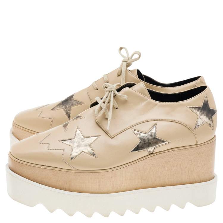 Pre Owned Stella McCartney Beige Faux Leather Elyse Star Platform Sneakers Size 36