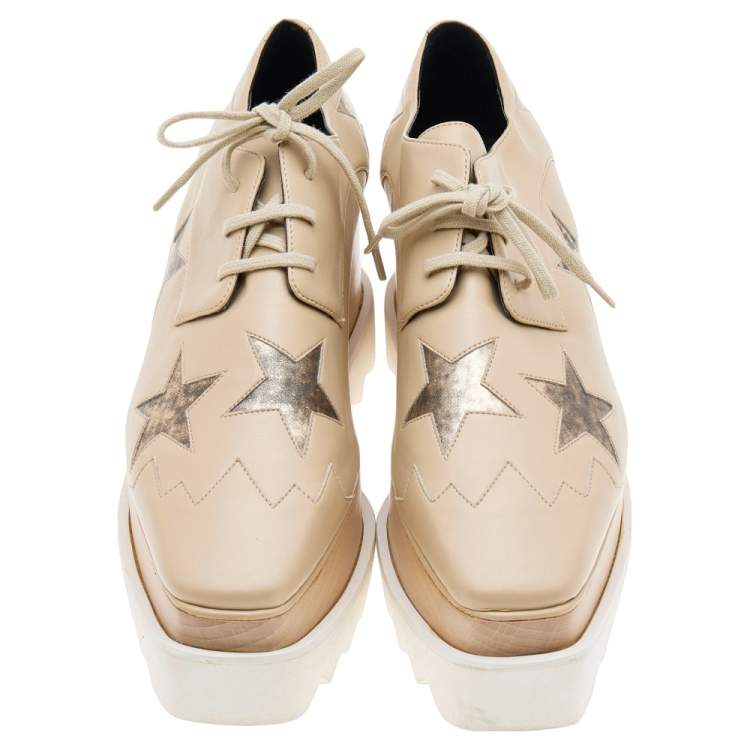Pre Owned Stella McCartney Beige Faux Leather Elyse Star Platform Sneakers Size 36
