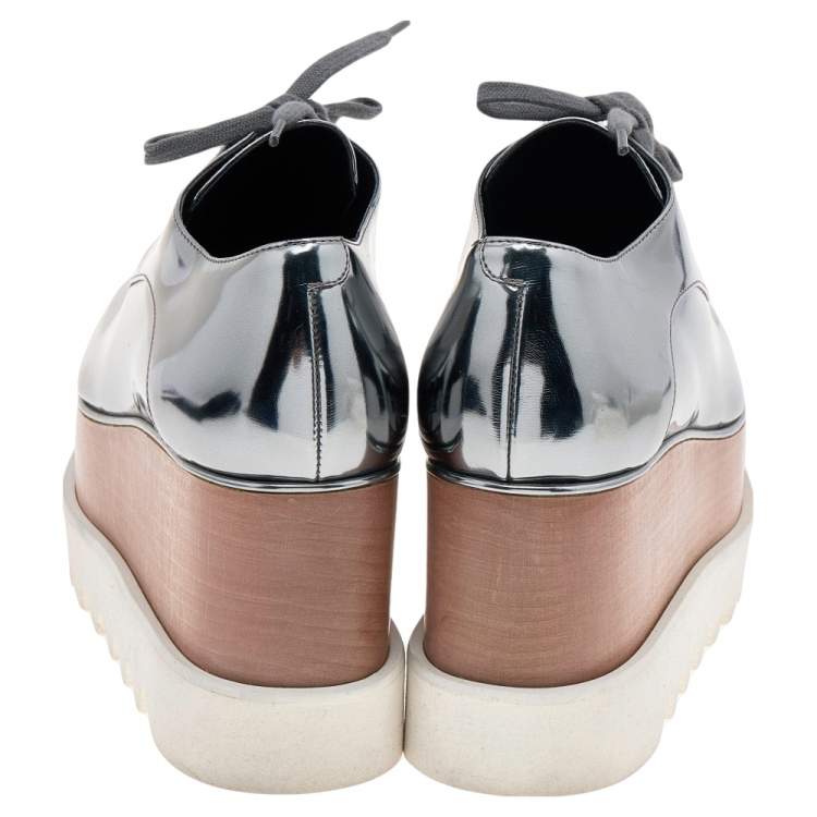 Pre Owned Stella McCartney Metallic Grey Faux Patent Leather Elyse Platform Sneakers Size 36
