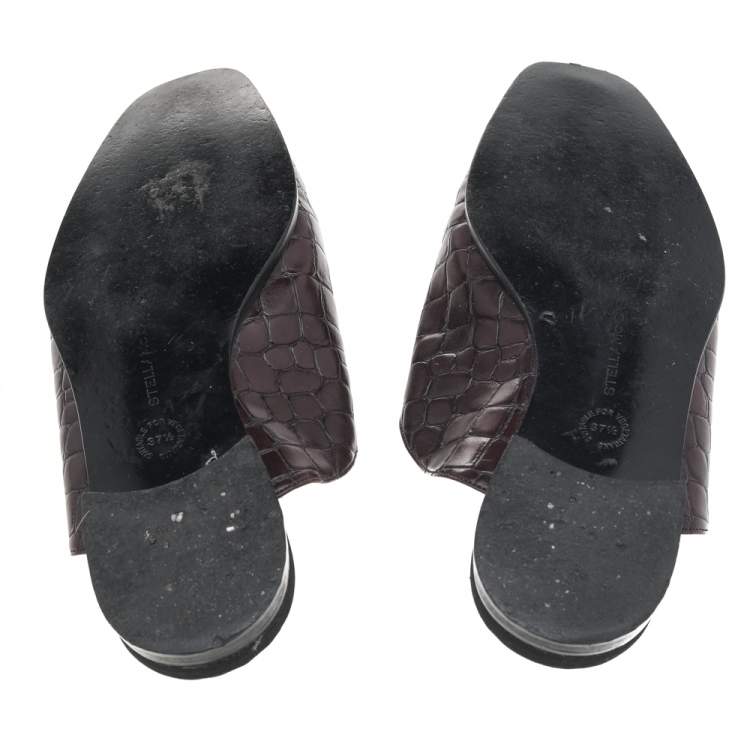 Pre Owned Stella McCartney Burgundy Faux Croc Embossed Leather Mules Size 37.5