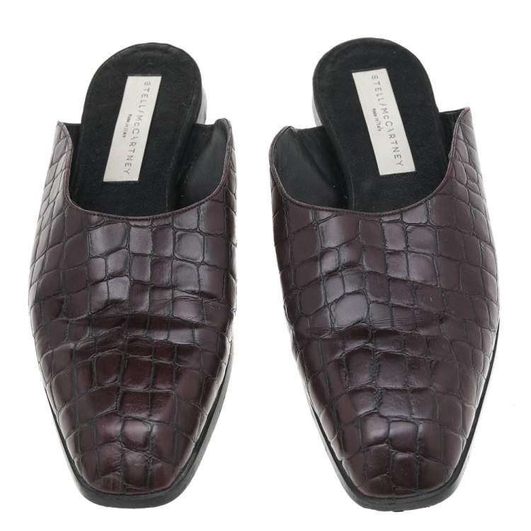 Pre Owned Stella McCartney Burgundy Faux Croc Embossed Leather Mules Size 37.5