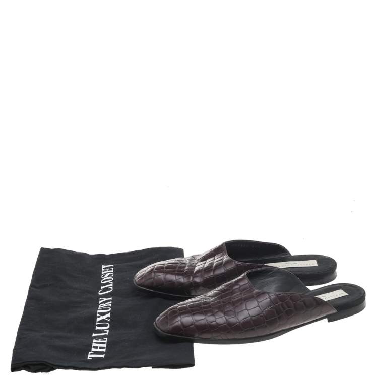 Pre Owned Stella McCartney Burgundy Faux Croc Embossed Leather Mules Size 37.5