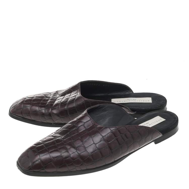 Pre Owned Stella McCartney Burgundy Faux Croc Embossed Leather Mules Size 37.5