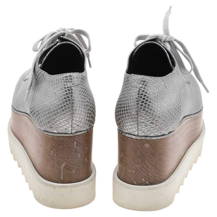 Pre Owned Stella McCartney Metallic Silver Faux Python Embossed Leather Elyse Platform Derby Size 36