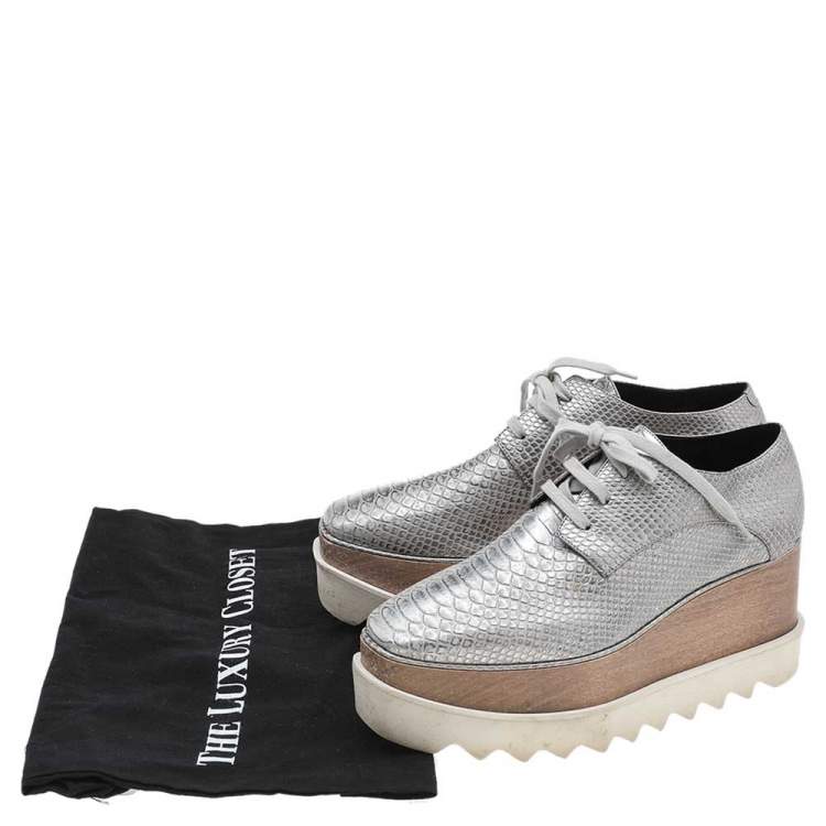 Pre Owned Stella McCartney Metallic Silver Faux Python Embossed Leather Elyse Platform Derby Size 36