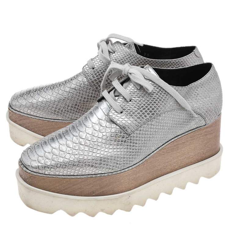 Pre Owned Stella McCartney Metallic Silver Faux Python Embossed Leather Elyse Platform Derby Size 36