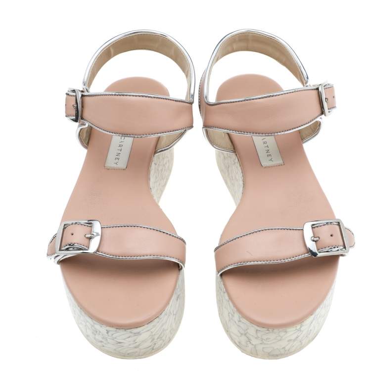 مملوكة مسبقًا Stella McCartney Beige Faux Leather Geena Marble Wedge Platform Sandals Size 36
