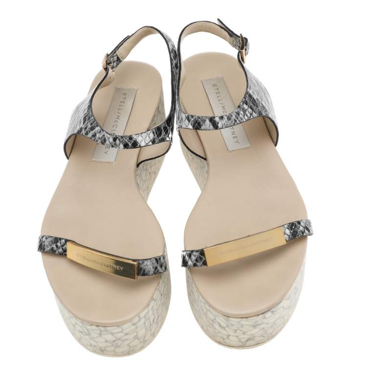 Pre Owned Stella McCartney Black/White Faux Python Leather Geena Marble Wedge Platform Sandals Size 36