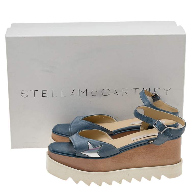 Pre Owned Stella McCartney Blue Faux Leather Elyse Star Ankle Strap Platform Sandals Size 39