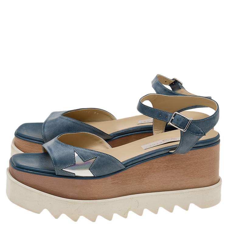 Pre Owned Stella McCartney Blue Faux Leather Elyse Star Ankle Strap Platform Sandals Size 39
