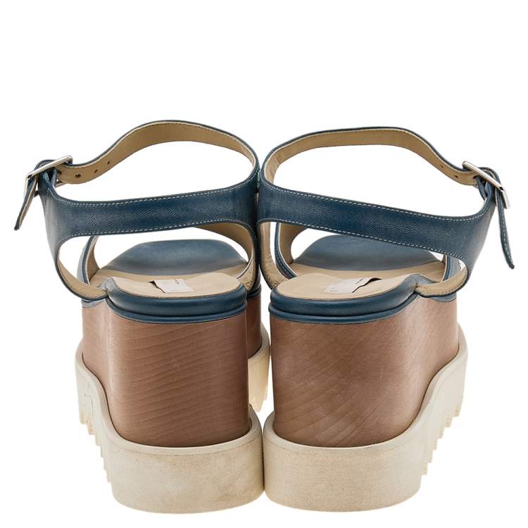 Pre Owned Stella McCartney Blue Faux Leather Elyse Star Ankle Strap Platform Sandals Size 39