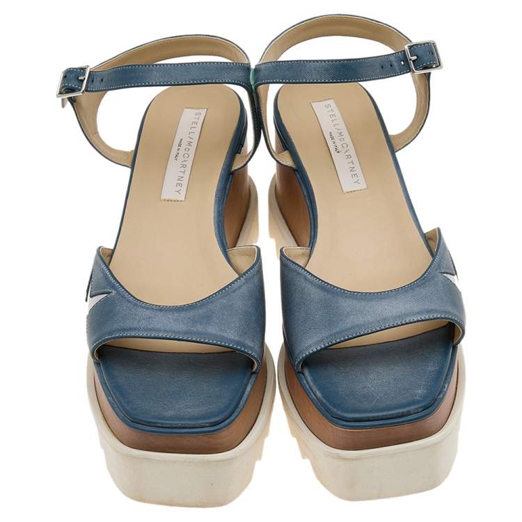 Pre Owned Stella McCartney Blue Faux Leather Elyse Star Ankle Strap Platform Sandals Size 39