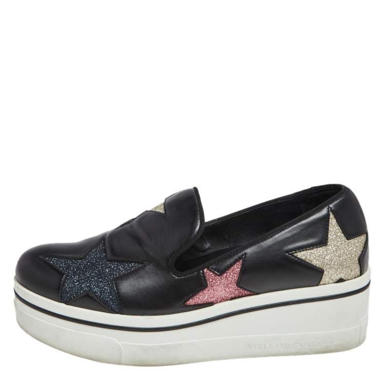 Pre Owned Stella McCartney Black Faux Leather Binx Star Platform Sneakers Size 36