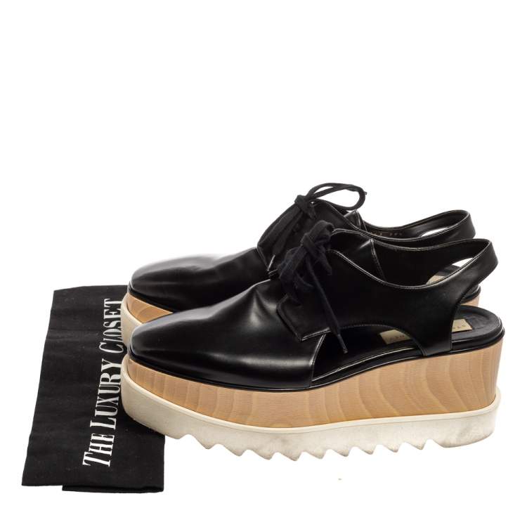 Pre Owned Stella McCartney Black Faux Leather Elyse Platform Cut-Out Slingback Derby Size 39.5