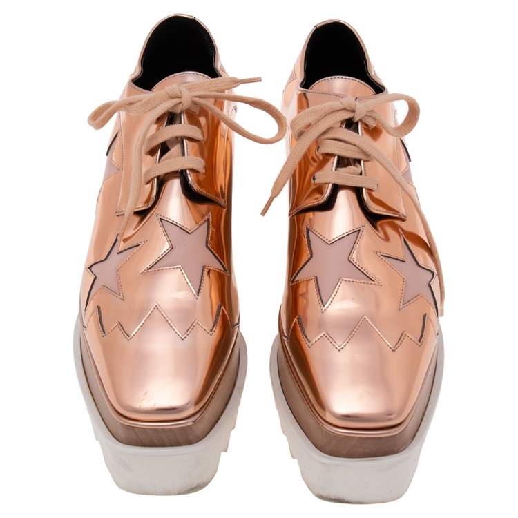 Pre Owned Stella McCartney Rose Gold Faux Leather Elyse Star  Sneakers Size 37