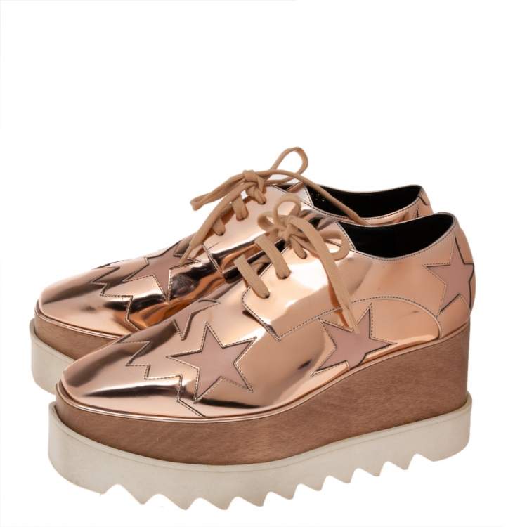Pre Owned Stella McCartney Rose Gold Faux Patent and Leather Elyse Star Platform Lace Up Sneakers Size 36