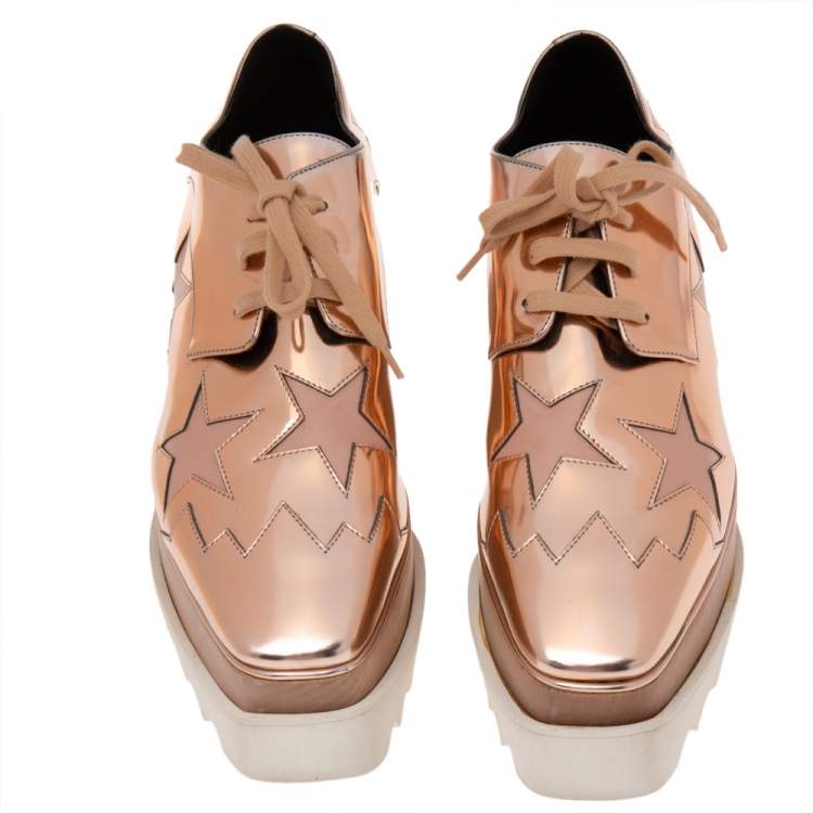 Pre Owned Stella McCartney Rose Gold Faux Patent and Leather Elyse Star Platform Lace Up Sneakers Size 36