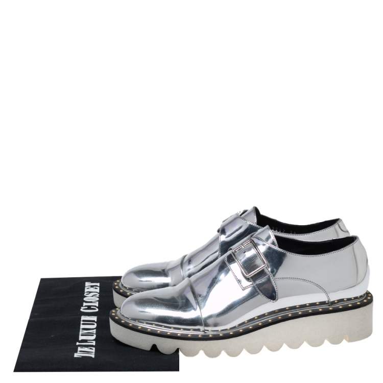 Pre Owned Stella McCartney Silver Faux Leather Odette Buckle Loafers Size 36