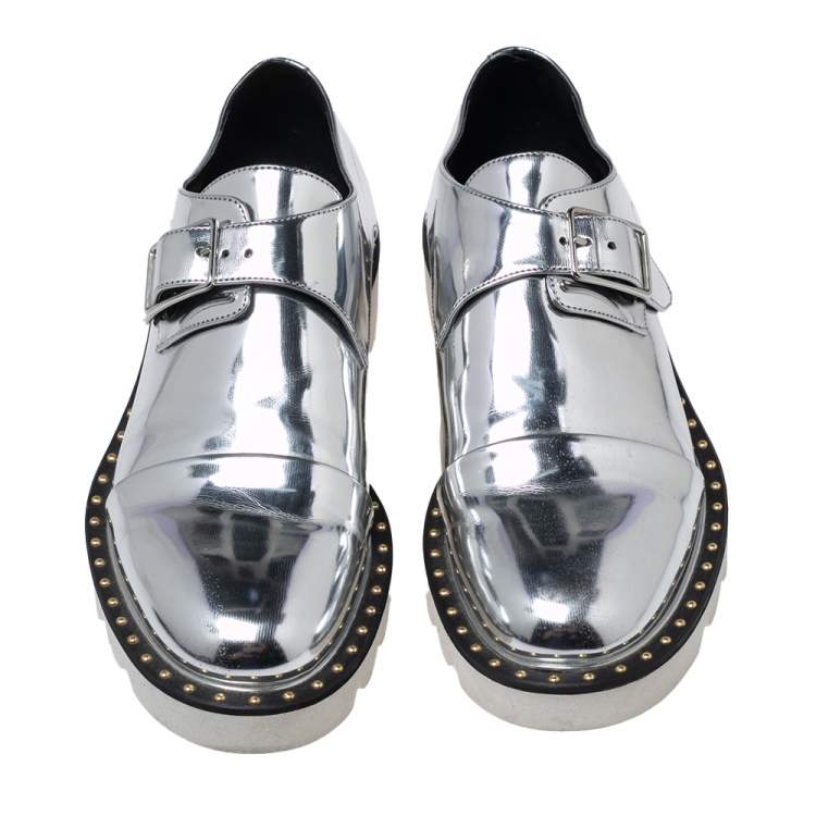 Pre Owned Stella McCartney Silver Faux Leather Odette Buckle Loafers Size 36