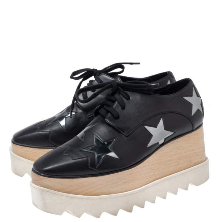 Pre Owned Stella McCartney Black Faux Leather Elyse Star Platform Derby Sneakers Size 36