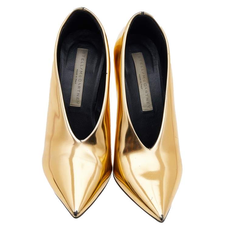 Pre Owned Stella McCartney Metallic Gold Faux Patent Leather V Neck Pointed Toe Pumps Size 36