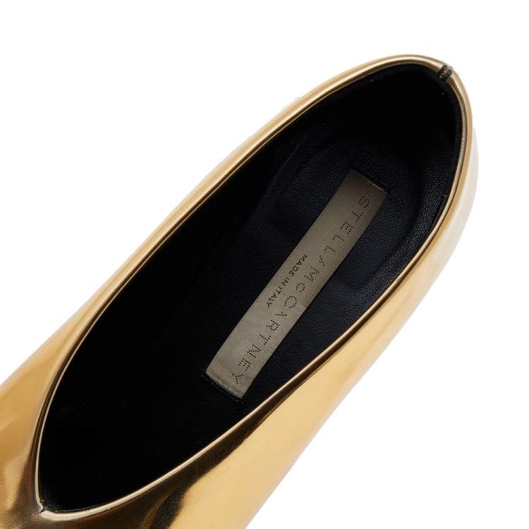 Pre Owned Stella McCartney Metallic Gold Faux Patent Leather V Neck Pointed Toe Pumps Size 36