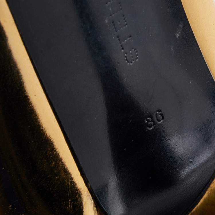 Pre Owned Stella McCartney Metallic Gold Faux Patent Leather V Neck Pointed Toe Pumps Size 36