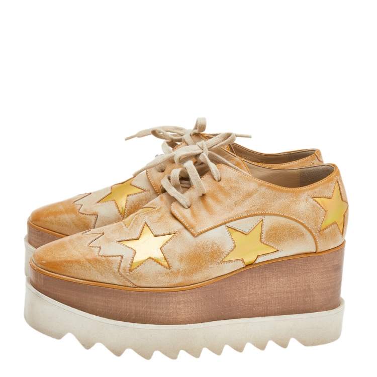 Pre Owned Stella McCartney Brown Faded Effect Faux Leather Elyse Star Platform Lace Up Derby Size 35.5