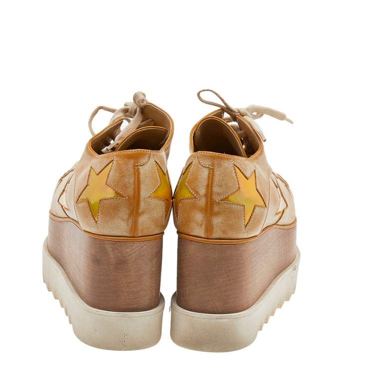 Pre Owned Stella McCartney Brown Faded Effect Faux Leather Elyse Star Platform Lace Up Derby Size 35.5