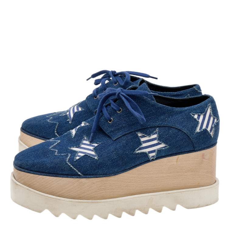 Pre Owned Stella McCartney Blue Denim Elyse Star Platform Lace Up Sneakers Size 35