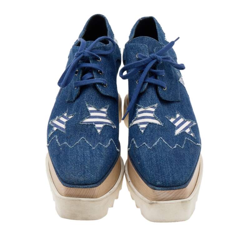 Pre Owned Stella McCartney Blue Denim Elyse Star Platform Lace Up Sneakers Size 35