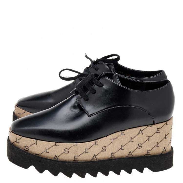 مملوكة مسبقًا Stella McCartney Black/Beige Faux Leather Monogram Elyse Platform Derby Sneakers Size 38
