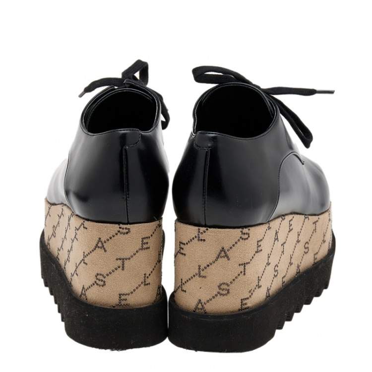 مملوكة مسبقًا Stella McCartney Black/Beige Faux Leather Monogram Elyse Platform Derby Sneakers Size 38