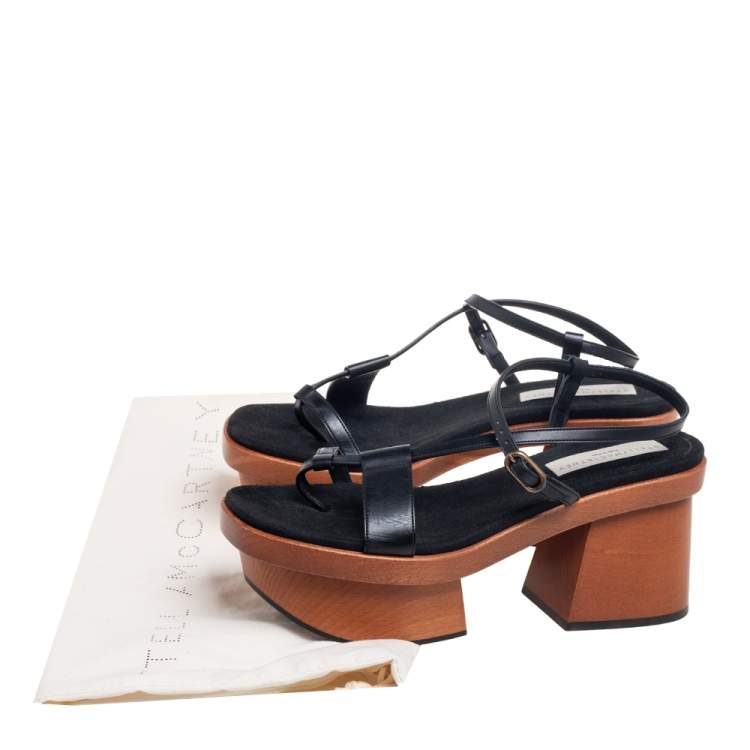 Pre Owned Stella McCartney Black Faux Leather Wooden Platform Sandals Size 39