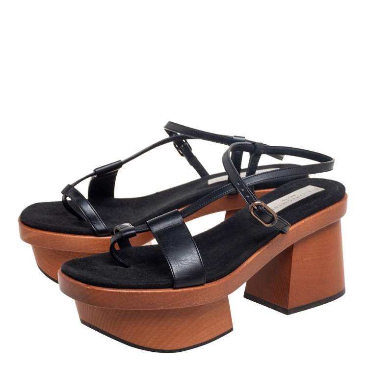 Pre Owned Stella McCartney Black Faux Leather Wooden Platform Sandals Size 39