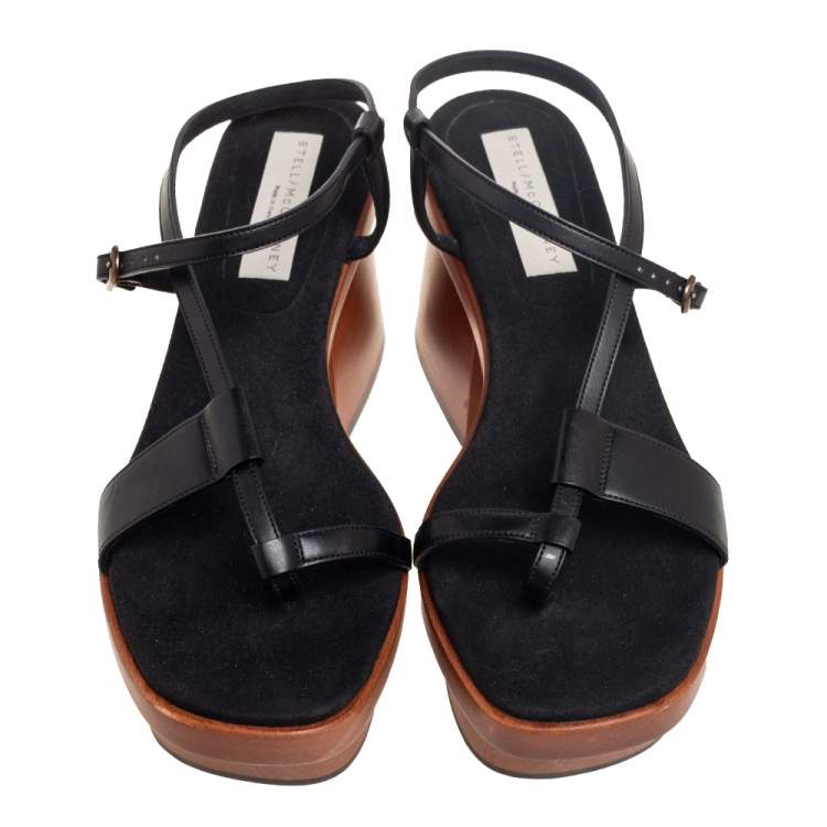 Pre Owned Stella McCartney Black Faux Leather Wooden Platform Sandals Size 39