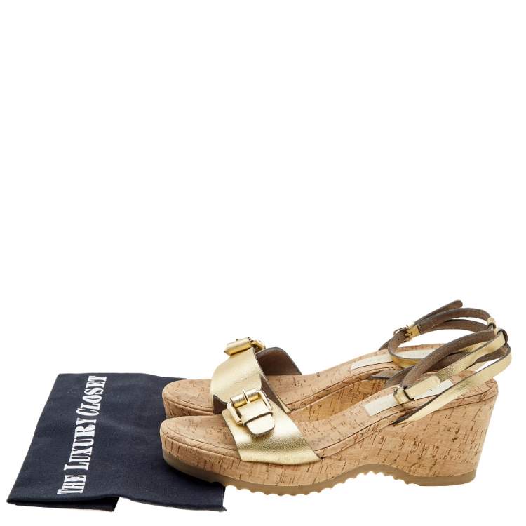 Pre Owned Stella McCartney Metallic Gold Faux Leather Linda Wedge Sandals Size 41