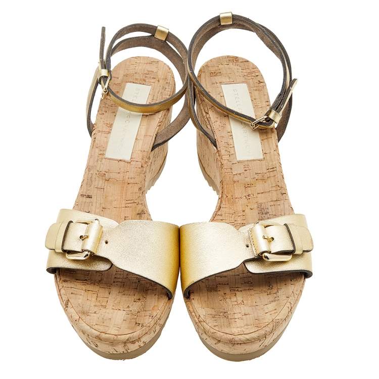 Pre Owned Stella McCartney Metallic Gold Faux Leather Linda Wedge Sandals Size 41