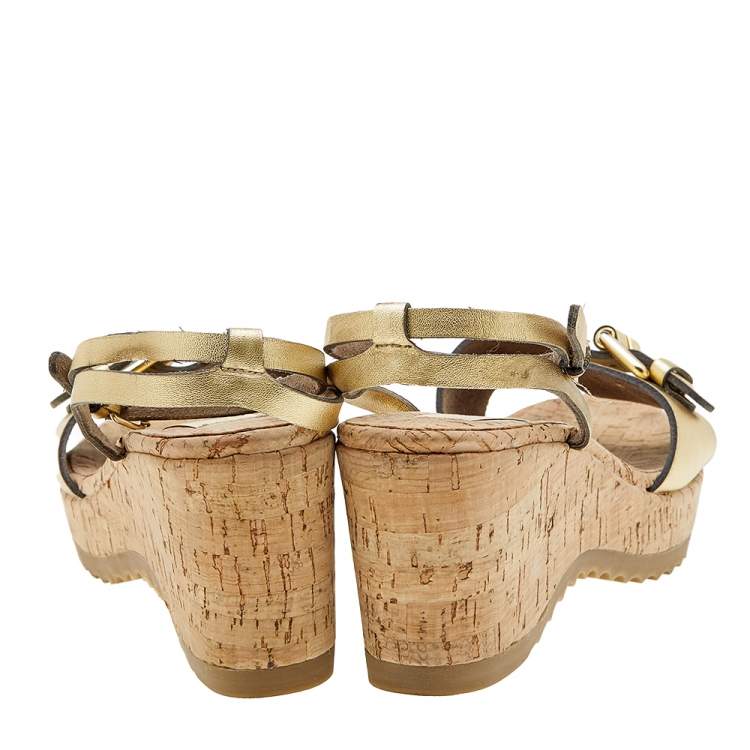 Pre Owned Stella McCartney Metallic Gold Faux Leather Linda Wedge Sandals Size 41