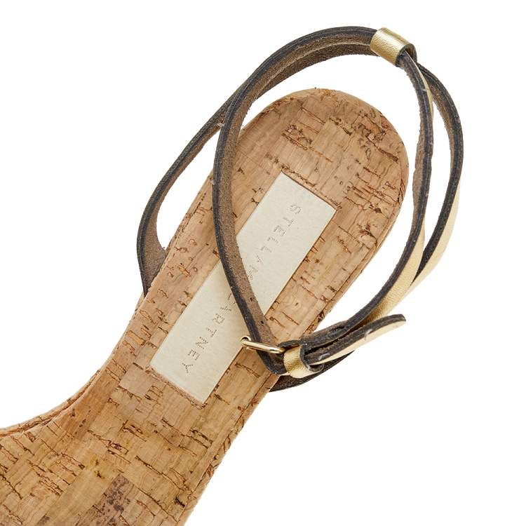 Pre Owned Stella McCartney Metallic Gold Faux Leather Linda Wedge Sandals Size 41