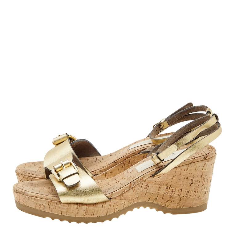 Pre Owned Stella McCartney Metallic Gold Faux Leather Linda Wedge Sandals Size 41