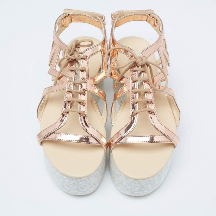 Pre Owned Stella McCartney Metallic Bronze Faux Patent Leather Hackney Platform Sandals Size 36