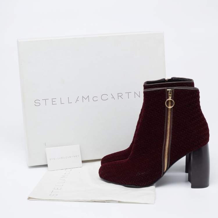 Pre Owned Stella McCartney Burgundy Woven Velvet Block Heel Ankle Heel Boots Size 40